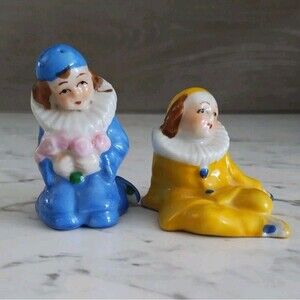 Vintage Harlequin Clown Salt Pepper Shakers Cork Ceramic Japan 2.5" Yellow Blue